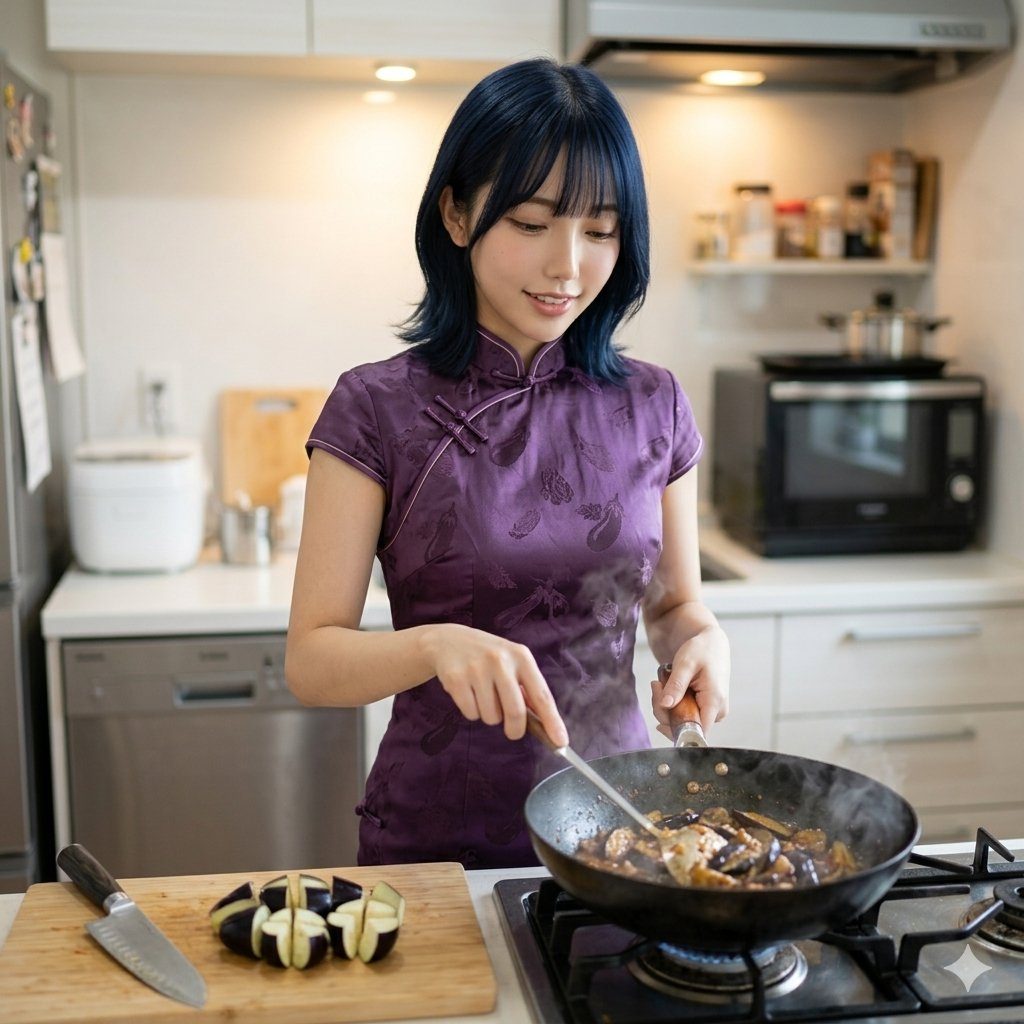 A young woman with blue hair in a purple cheongsam is cooking in a kitchen.