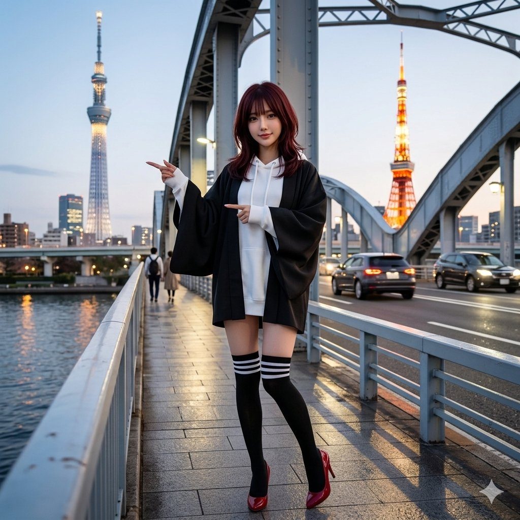 A young woman with red hair stands on a bridge in a city, pointing towards the Tokyo Skytree and Tokyo Tower in the background.