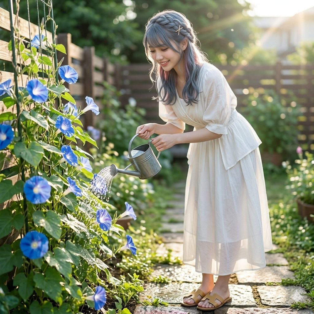 A young woman with blue and pink hair, wearing a white dress, waters blue morning glories in a sunlit garden.