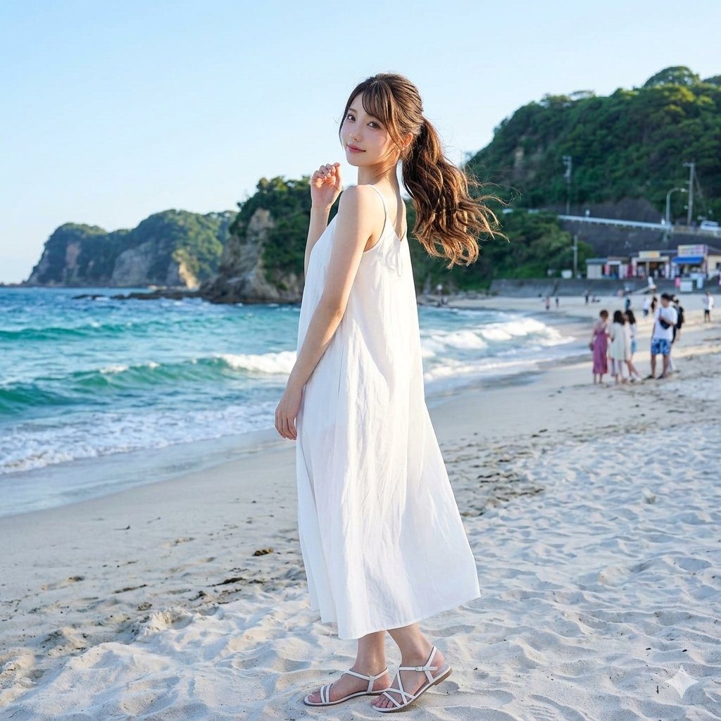 A young woman with brown hair in a ponytail, wearing a white dress, stands on a sandy beach with the ocean and cliffs in the background.