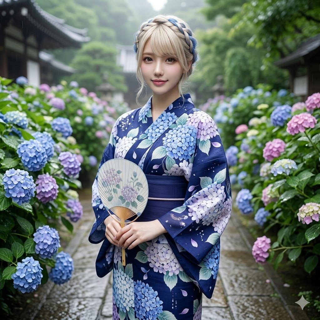 A blonde woman in a blue kimono with hydrangea patterns holds a fan in a Japanese garden filled with hydrangeas.