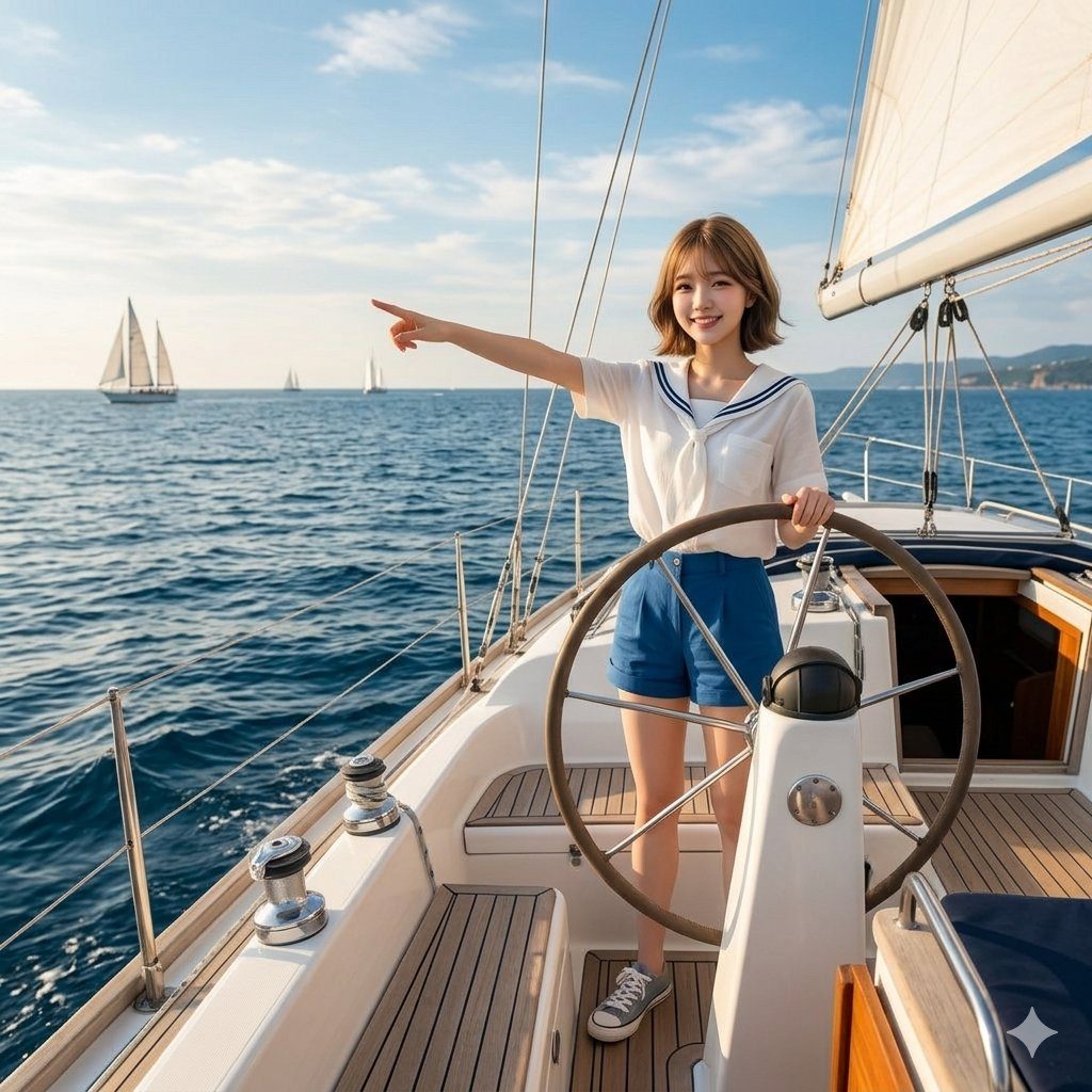 A young woman with short brown hair, wearing a white sailor-collar top and blue shorts, stands at the helm of a sailboat, pointing towards other sailboats on the ocean.