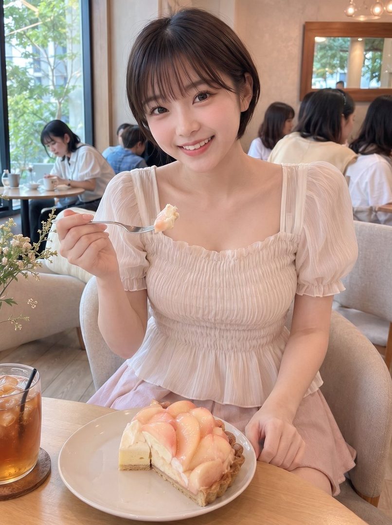 A young woman with short brown hair and bangs smiles while holding a fork with a piece of peach tart in a cafe.