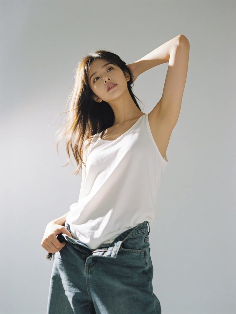 A young woman in a white tank top and unbuttoned jeans poses in a studio with her arm raised behind her head.
