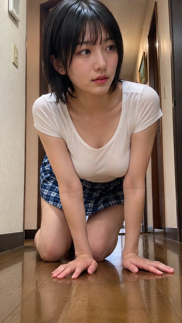 A young East Asian woman with short black hair and bangs kneels on a wooden floor in an indoor hallway, wearing a white t-shirt and a blue plaid mini skirt.