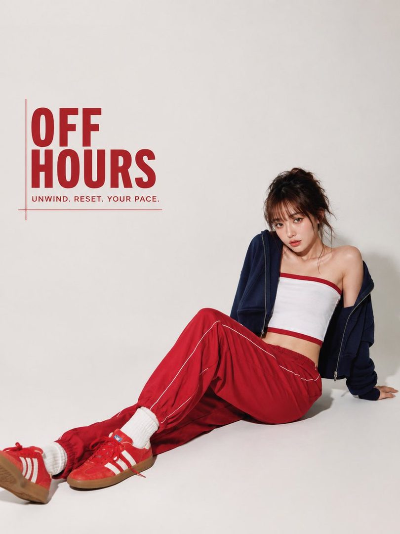 A young woman with brown hair and bangs, wearing a white tube top, red track pants, and a navy blue jacket, sits on a white studio floor.