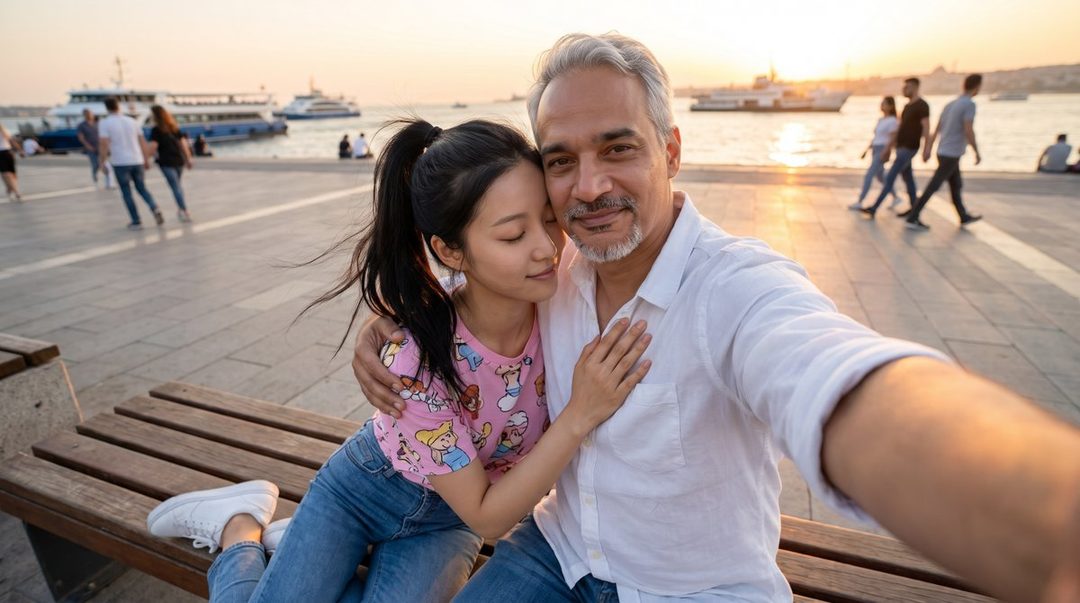 A man and a young woman take a selfie on a bench by the water at golden hour, with boats and people in the background.