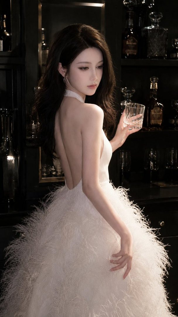 A woman in an elegant white feathered dress holds a glass in a dimly lit indoor setting.