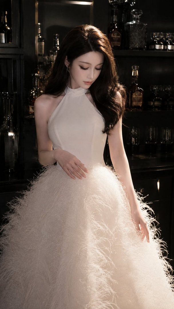 A beautiful woman with long brown hair wears an elegant white feathered dress in a dimly lit indoor setting.