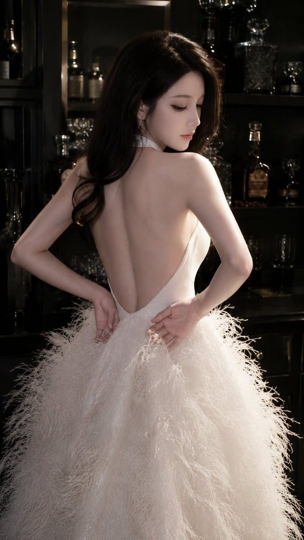 A woman in a white backless dress with a feathery skirt stands indoors, looking over her shoulder.