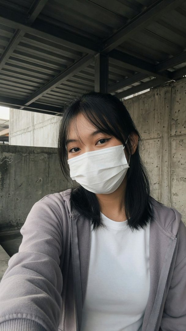A young woman with black hair and bangs takes a selfie while wearing a white face mask and a light purple hoodie.
