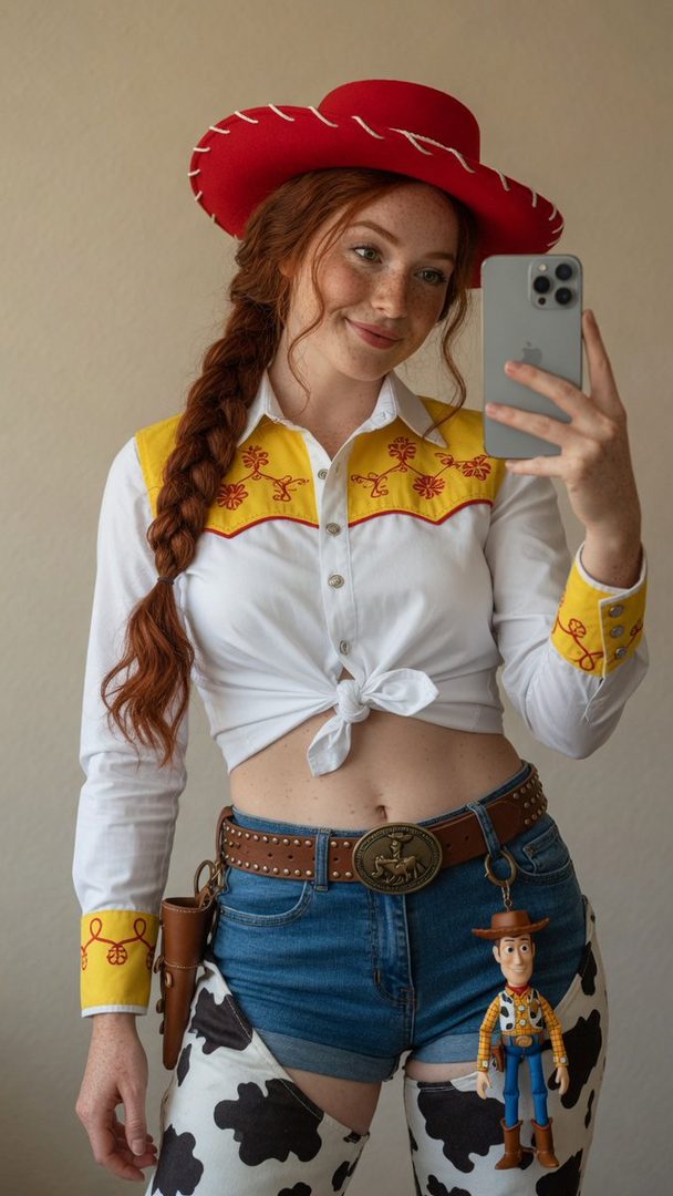 A young woman with red hair in a Jessie from Toy Story cosplay takes a mirror selfie, wearing a red cowboy hat, white knotted shirt, denim shorts, and cow-print chaps.