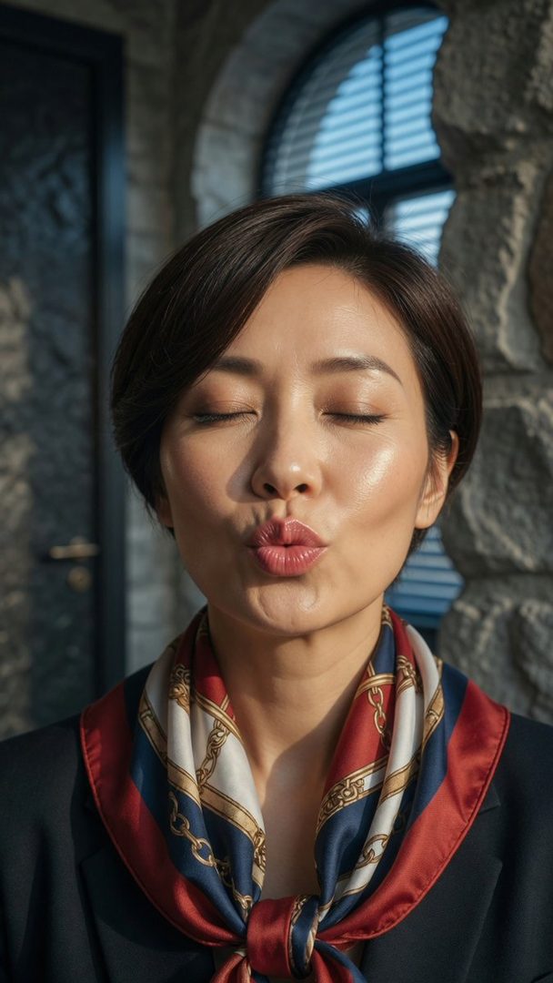 A photorealistic portrait of an elegant East Asian woman with short brown hair, wearing a silk scarf and a dark blazer, puckering her lips with closed eyes.