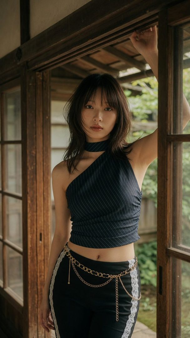 A young East Asian woman with brown hair and bangs wears a pinstriped one-shoulder crop top and black pants with a gold chain belt, posing in a traditional wooden doorway.