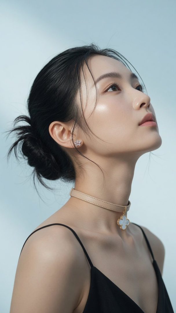 A photorealistic portrait of an East Asian woman with black hair in a bun, wearing a black spaghetti strap top and a choker with a clover pendant, looking upwards in a studio setting.