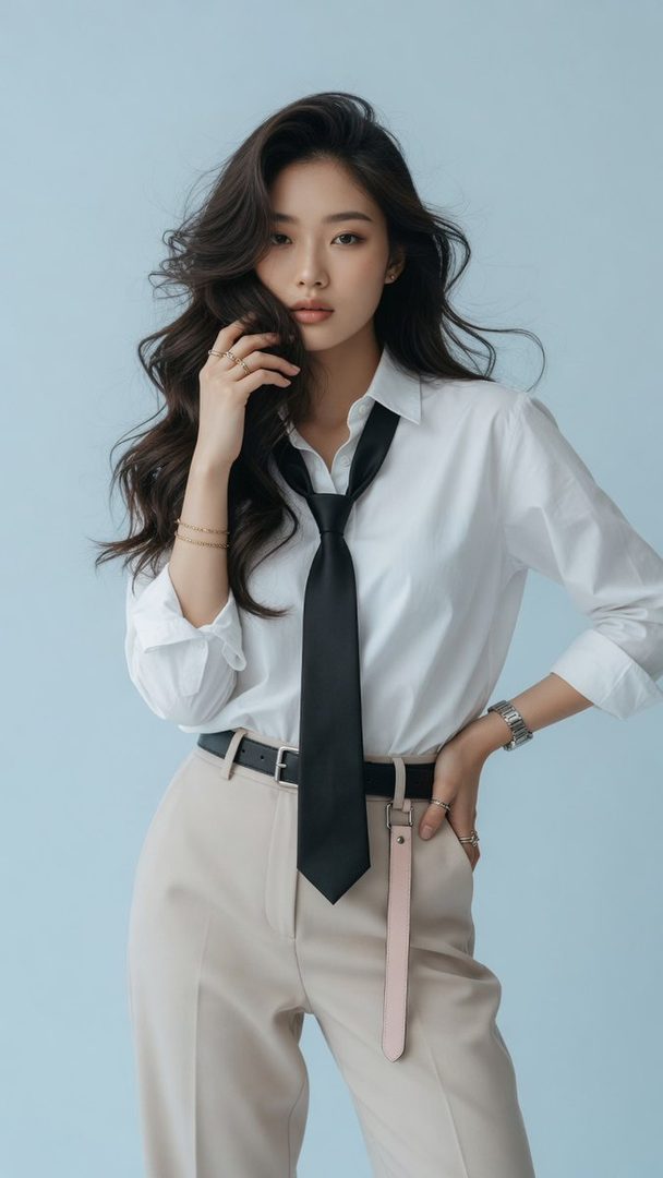 A photorealistic portrait of a young East Asian woman with long wavy brown hair, wearing a white shirt and black tie, posing elegantly against a light blue studio background.