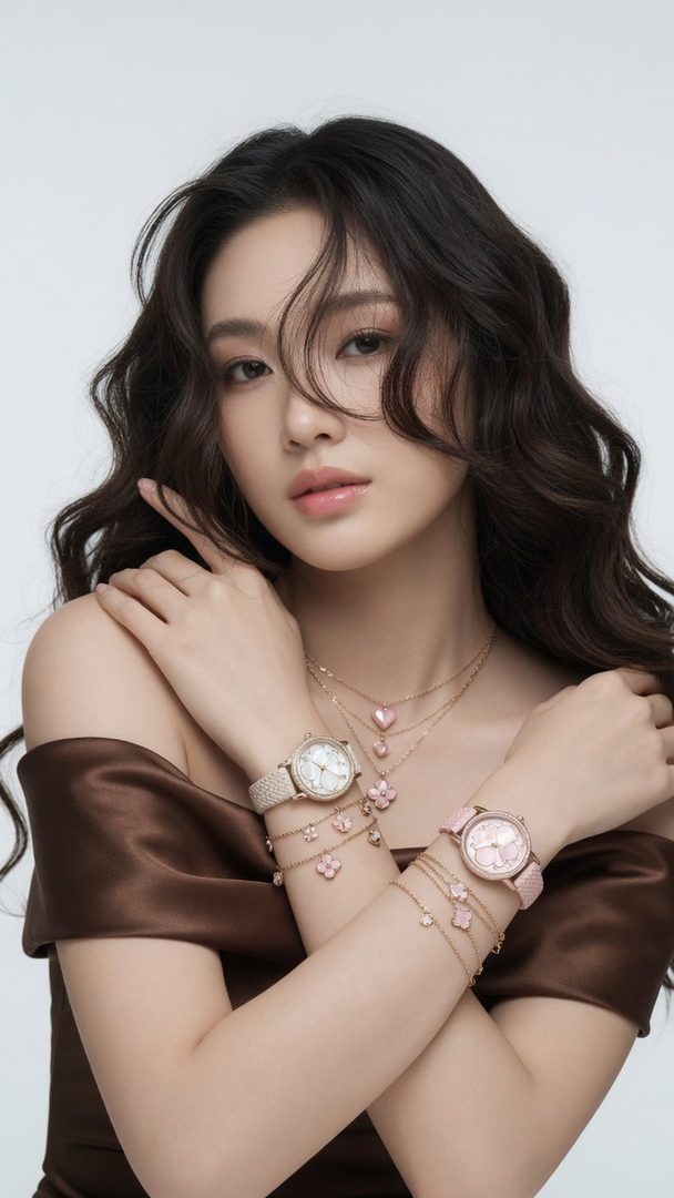 A beautiful East Asian woman with long wavy brown hair poses elegantly in a studio, showcasing watches and delicate jewelry on her wrists.