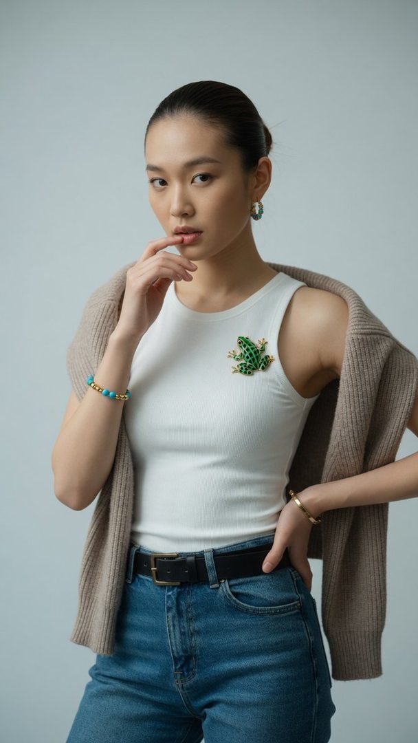 A young East Asian woman in a white tank top, blue jeans, and a beige cardigan with a frog brooch, posing thoughtfully in a studio.
