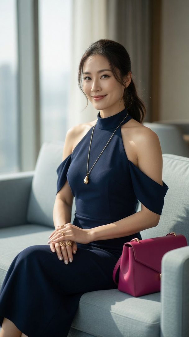 An elegant East Asian woman in a navy blue halter-neck dress sits on a sofa, smiling gently.