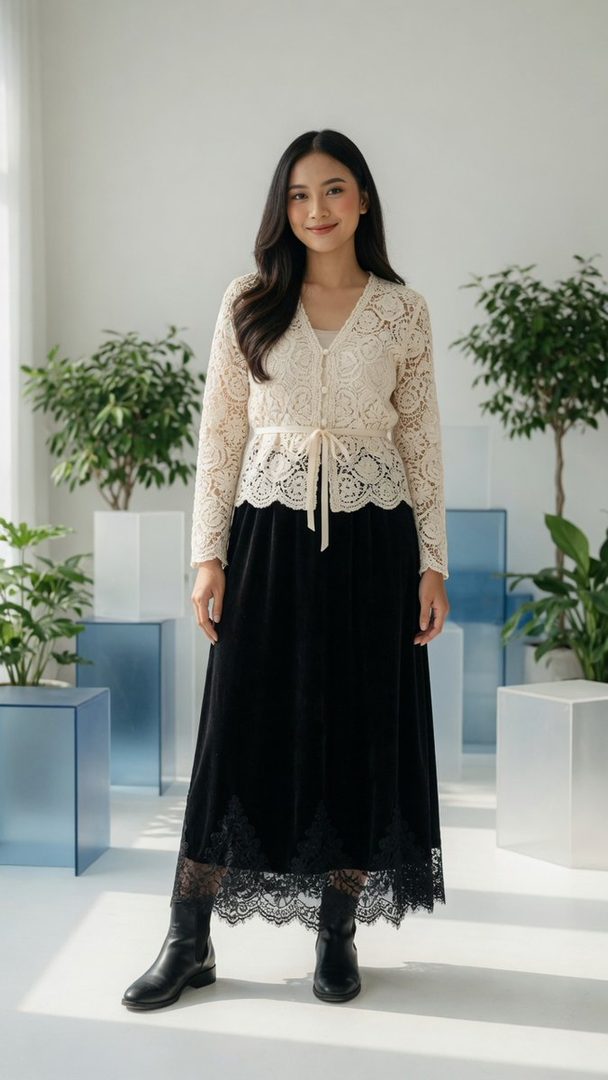 A beautiful Southeast Asian woman in a cream lace cardigan and black velvet skirt stands in a modern indoor studio with plants.