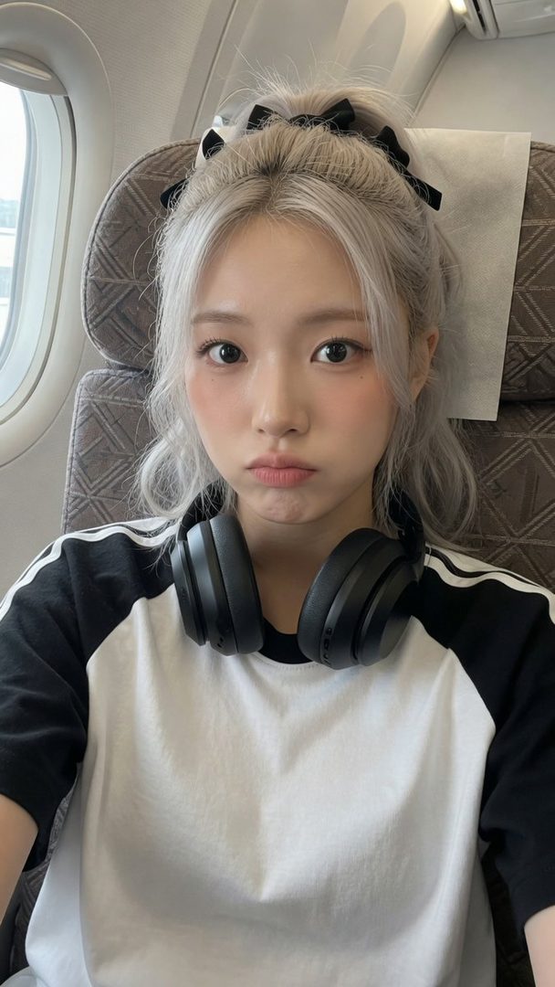 A young East Asian woman with platinum blonde hair and headphones around her neck takes a selfie on an airplane.