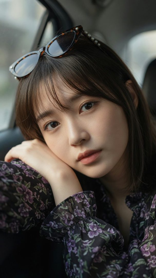A photorealistic portrait of a young East Asian woman with brown hair and bangs, wearing a floral blouse and sunglasses on her head, looking serenely at the viewer from inside a car.