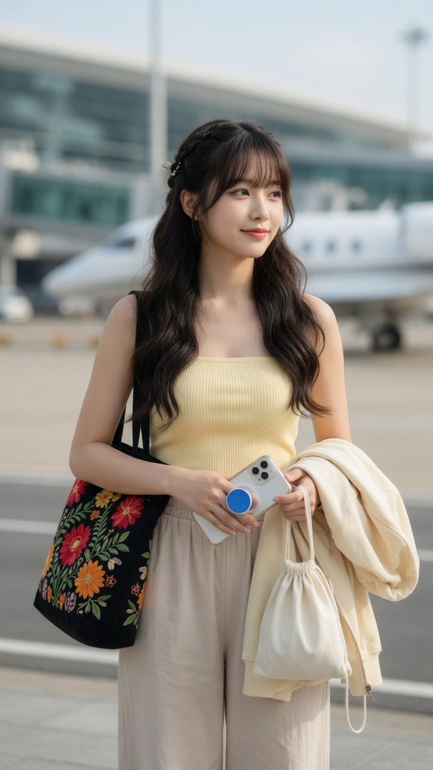 A young East Asian woman with long brown hair and bangs, wearing a yellow tube top and beige pants, stands at an airport tarmac holding a phone and bag.