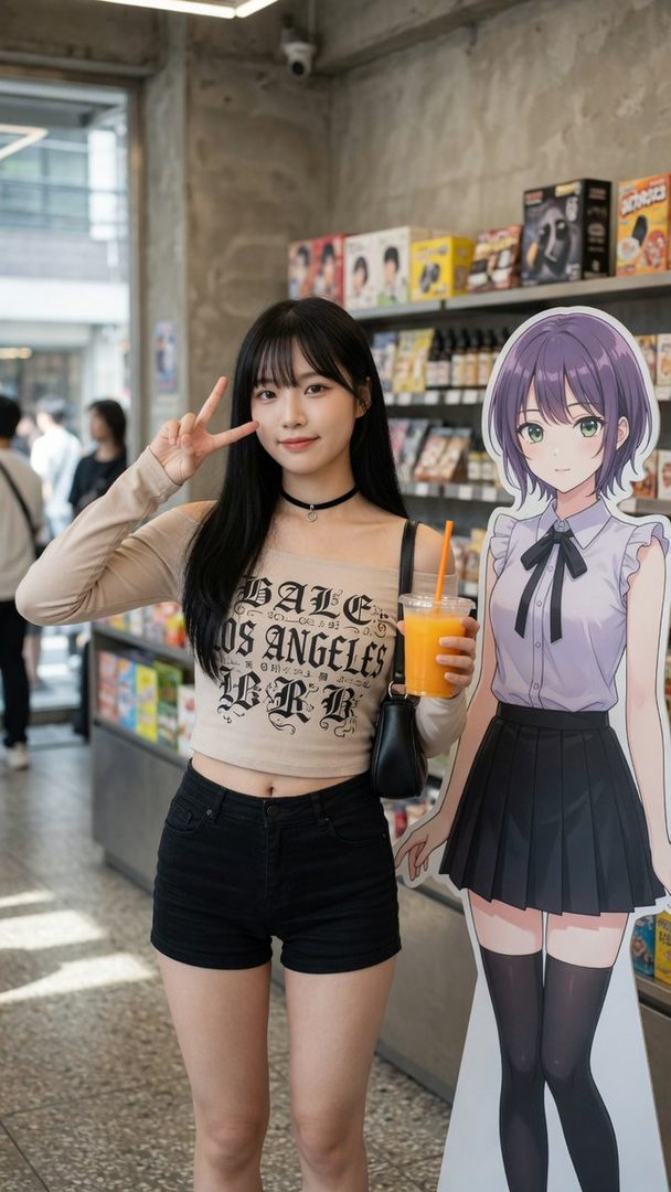 A young East Asian woman with long black hair and bangs, wearing a beige crop top and black shorts, makes a peace sign while holding an orange drink next to an anime cardboard cutout in an indoor store.