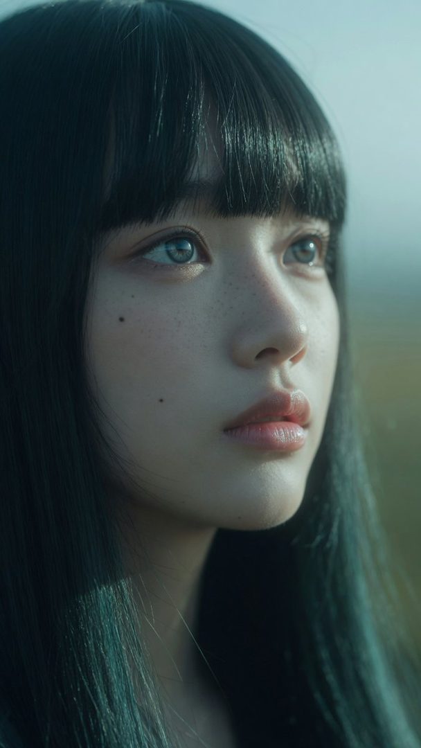 A close-up photorealistic portrait of a young East Asian woman with long black hair and bangs, looking up with a dreamy expression.