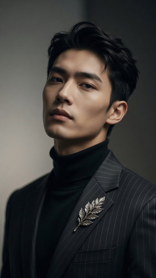 A photorealistic portrait of a handsome East Asian man in a black turtleneck and pinstripe suit jacket with a silver leaf brooch.