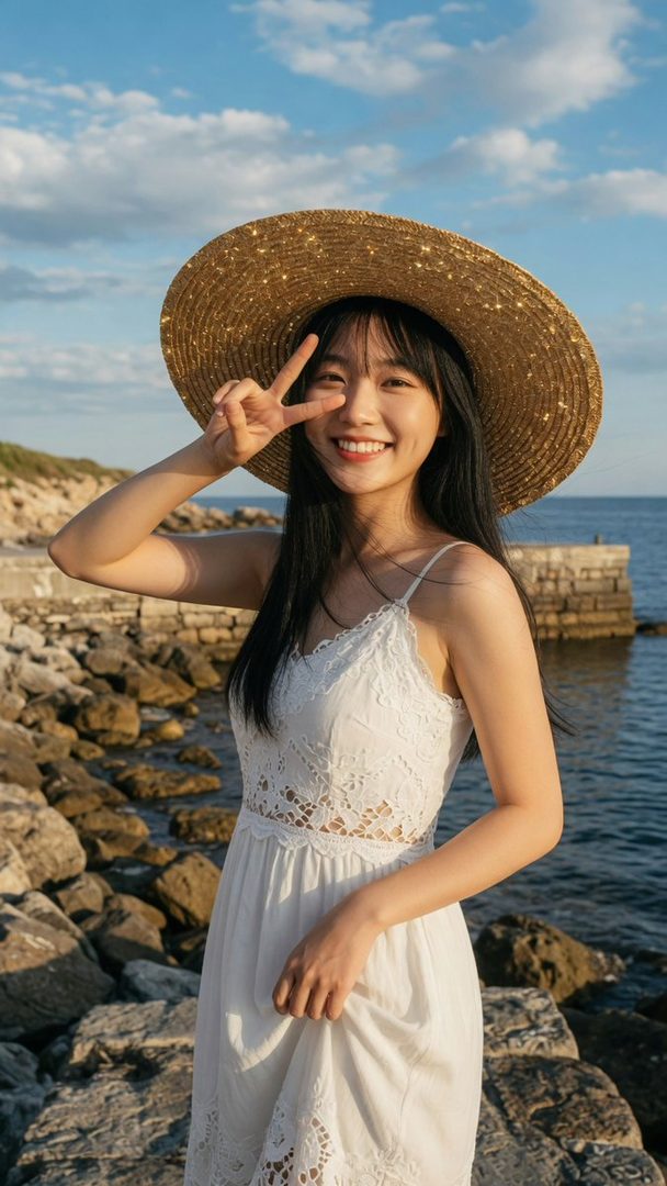 A young East Asian woman in a white summer dress and straw hat makes a peace sign on a rocky beach at golden hour.