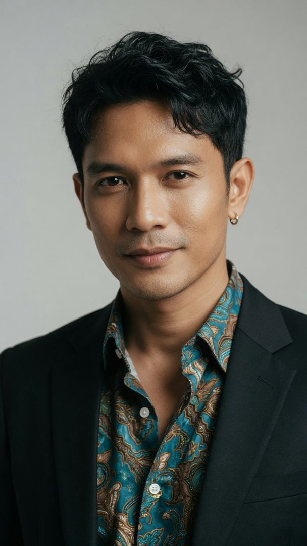 A photorealistic portrait of a man with short black hair wearing a black blazer over a teal patterned shirt, looking directly at the camera.