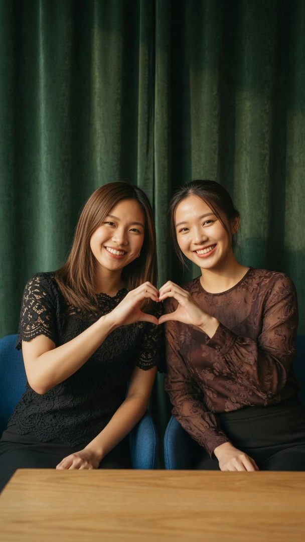 Two young East Asian women sit side by side, smiling and forming a heart shape with their hands in front of a green velvet curtain.