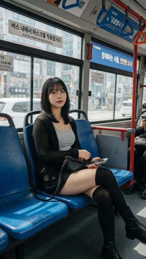 A young East Asian woman with black hair and bangs sits on a bus, wearing a black cardigan, gray top, short black skirt, and thigh-high socks, holding a smartphone.
