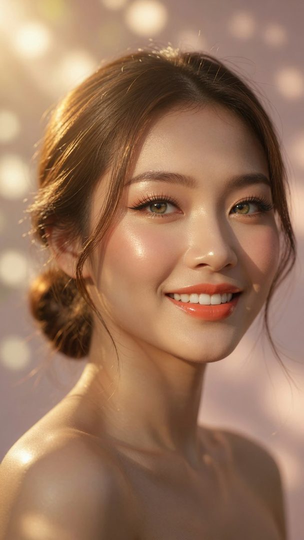 A photorealistic portrait of a young East Asian woman with brown hair tied in a bun, smiling with glossy coral-orange lipstick, illuminated by golden hour light.