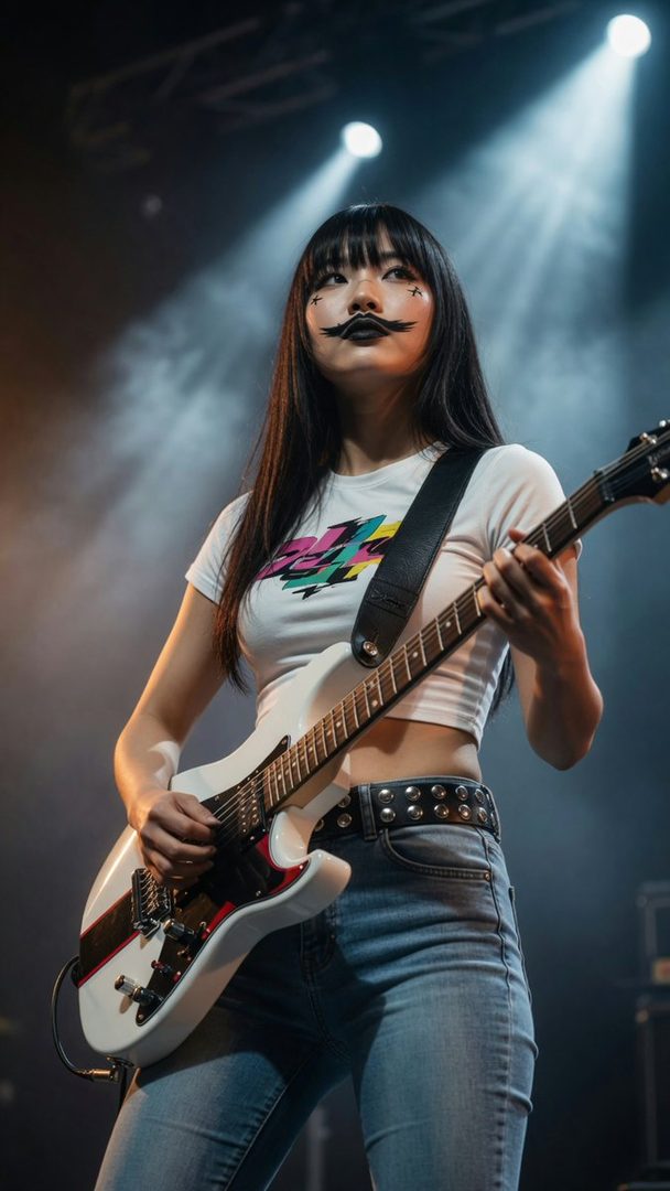 A young East Asian woman with black hair and artistic face paint plays an electric guitar on a smoky stage with dramatic lighting.