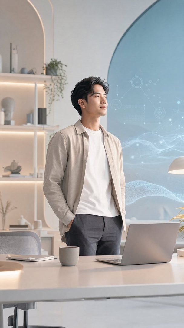 A young man with black hair stands in a modern office, looking thoughtfully at a holographic display.