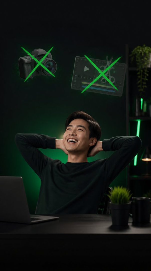 A happy East Asian man with short black hair smiles with his hands behind his head, sitting at a desk with a laptop and plants, with holographic icons of a crossed-out camera and video editor floating above him.