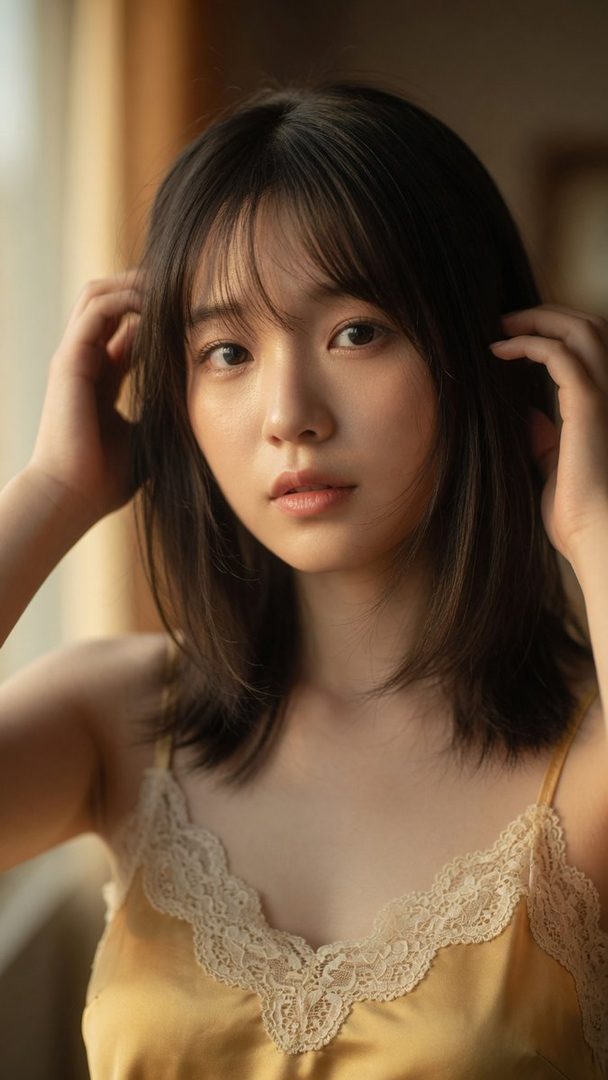 A photorealistic portrait of a young East Asian woman with shoulder-length brown hair and bangs, wearing a golden lace-trimmed camisole, looking directly at the viewer.