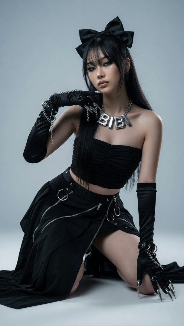 A photorealistic portrait of a young East Asian woman with black hair and bangs, wearing a black strapless top and skirt with long gloves, kneeling in a studio.