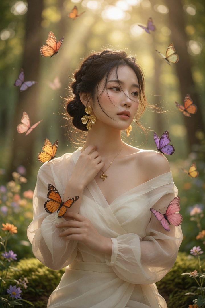 A photorealistic portrait of a young Korean woman in a flowing ivory dress, surrounded by colorful butterflies in a sunlit enchanted forest.