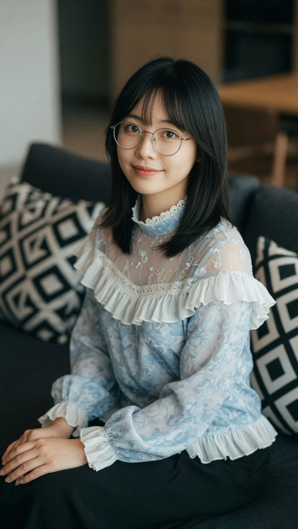 A young East Asian woman with black hair and glasses sits on a sofa, wearing a light blue floral blouse with ruffles.