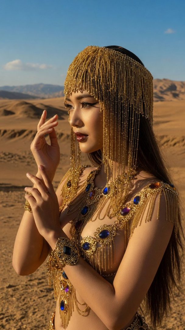 A photorealistic portrait of a young Southeast Asian woman in a desert, wearing an elaborate golden headdress and body jewelry with blue and purple gemstones.