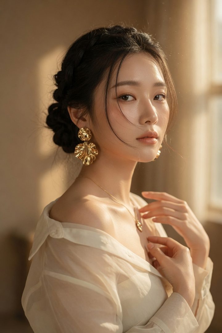 A photorealistic portrait of a young Korean woman with black hair styled in a low bun with braids, wearing a sheer ivory blouse and large gold earrings, bathed in golden hour light.