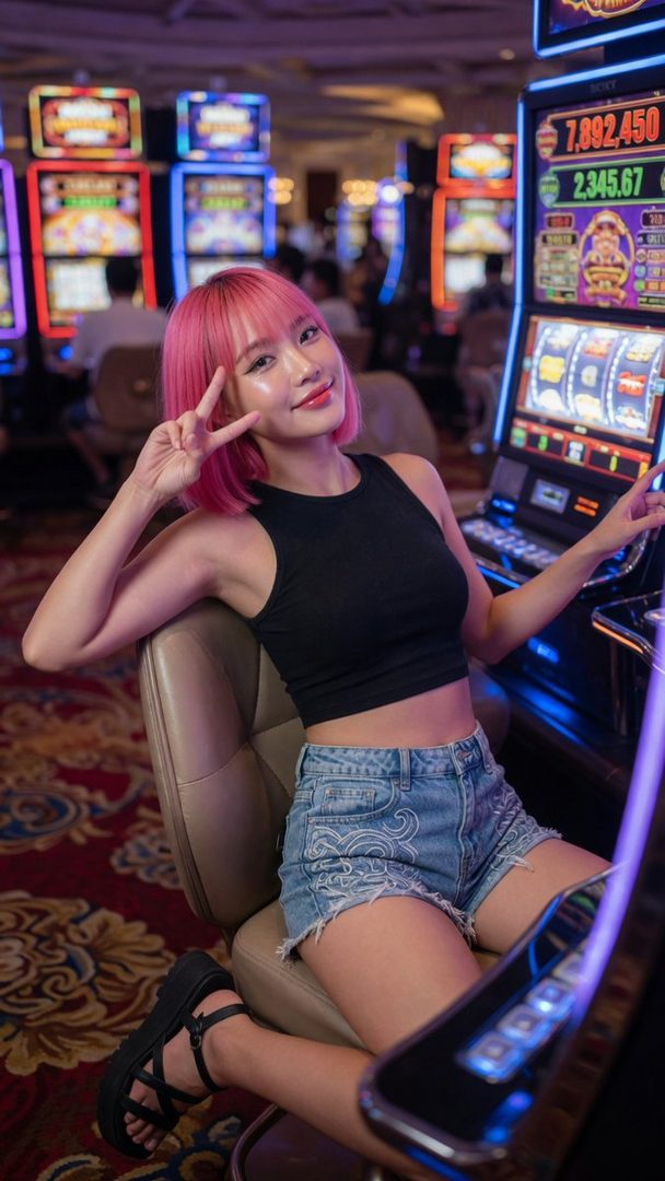 A young East Asian woman with pink bob hair and bangs, wearing a black crop top and denim shorts, makes a peace sign while sitting in a casino with slot machines.