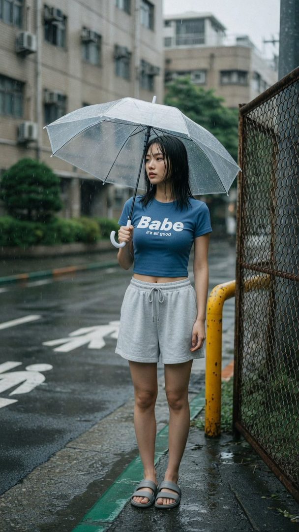 A young East Asian woman with short black hair stands on a wet city street under a clear umbrella, wearing a blue crop top and gray shorts.