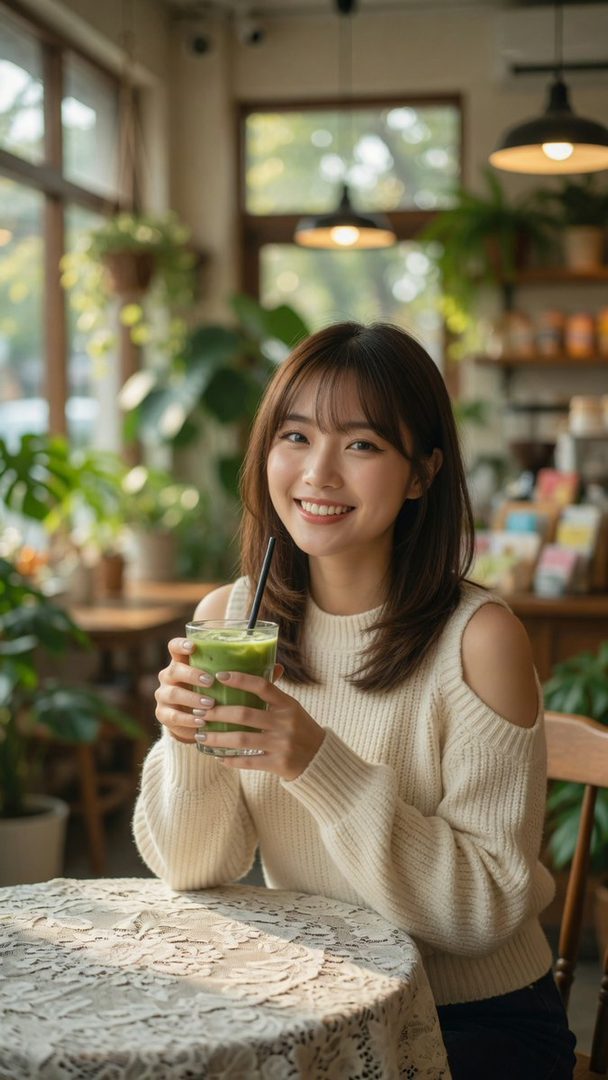 A smiling East Asian woman in a cream knit sweater holds a green drink in a cozy cafe with plants and natural light.