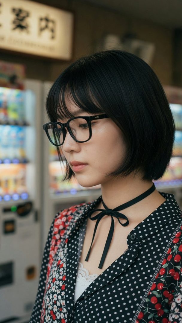A photorealistic portrait of a young East Asian woman with a bob haircut and glasses, wearing a patterned blouse and a choker, standing indoors near vending machines.