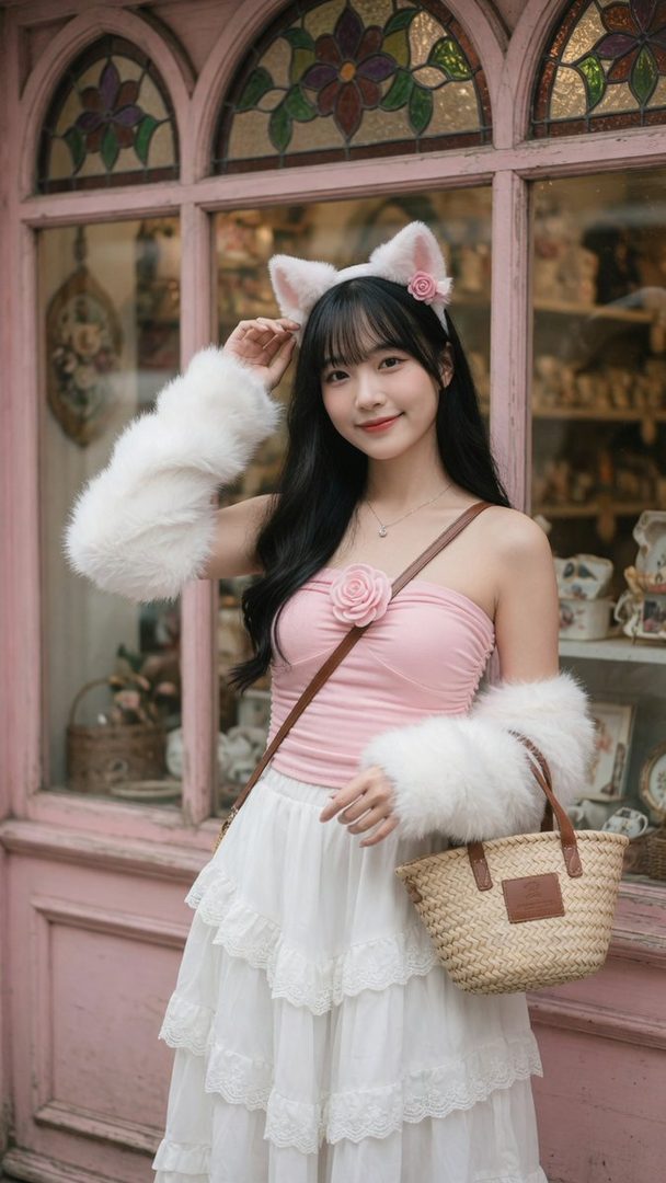 A young East Asian woman with long black hair and cat ears headband, wearing a pink tube top and white tiered skirt, stands in front of a vintage shop.