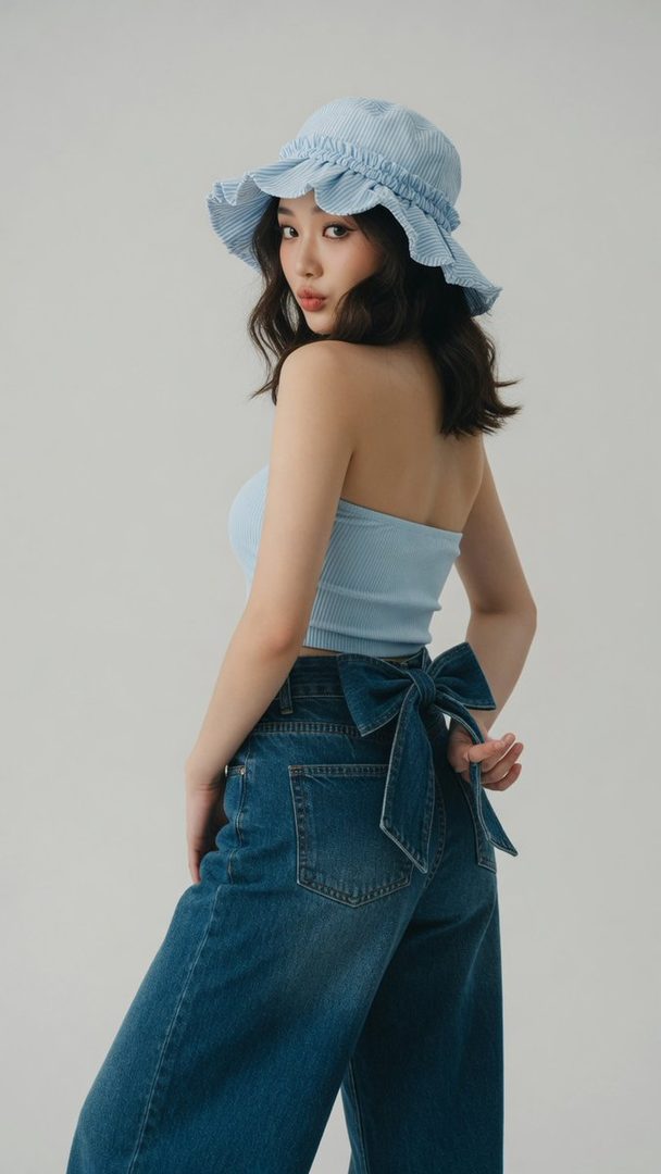 A young East Asian woman in a light blue tube top, jeans with a bow, and a striped bucket hat poses in a studio.